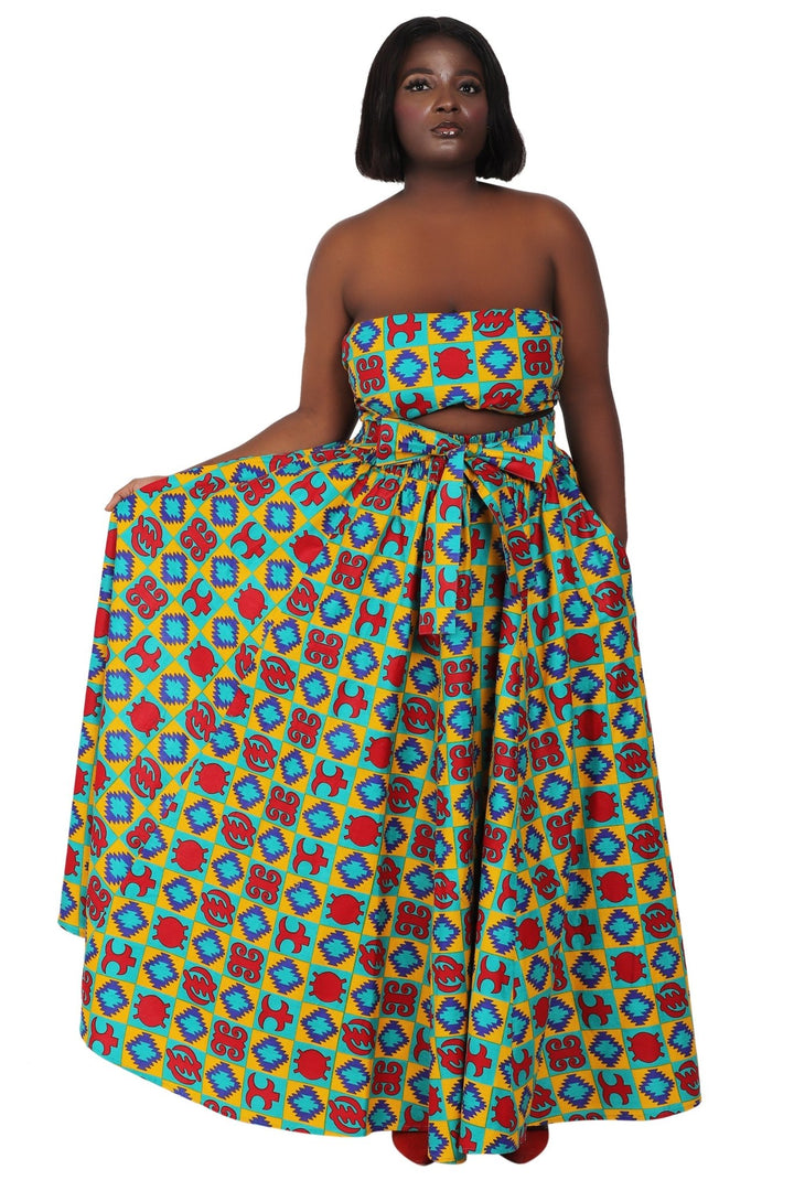 African Print Wax Print Skirt One Size Fits Most Headwrap Included Elastic Waist Pockets 16317-203 - Advance Apparels Inc