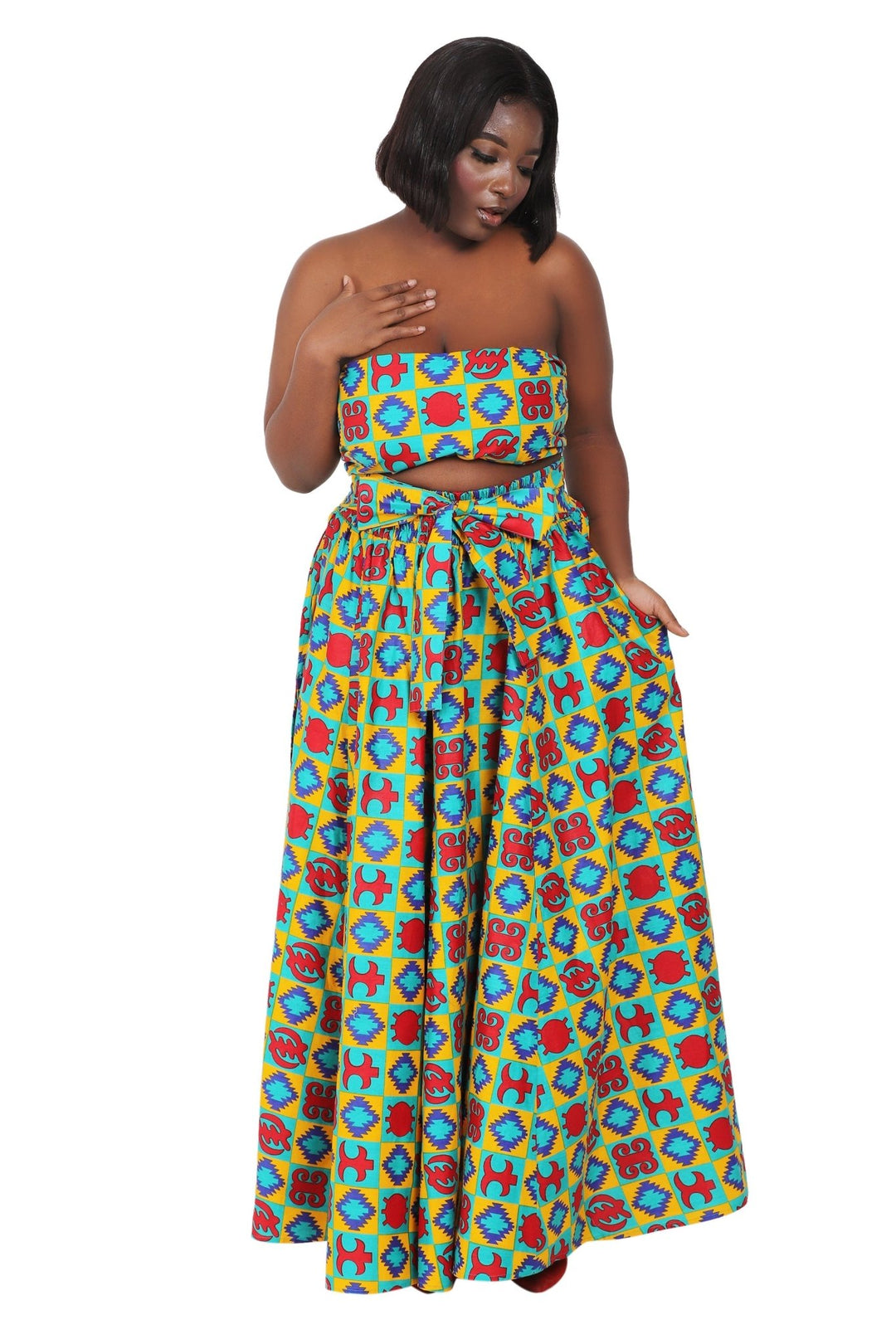 African Print Wax Print Skirt One Size Fits Most Headwrap Included Elastic Waist Pockets 16317-203 - Advance Apparels Inc