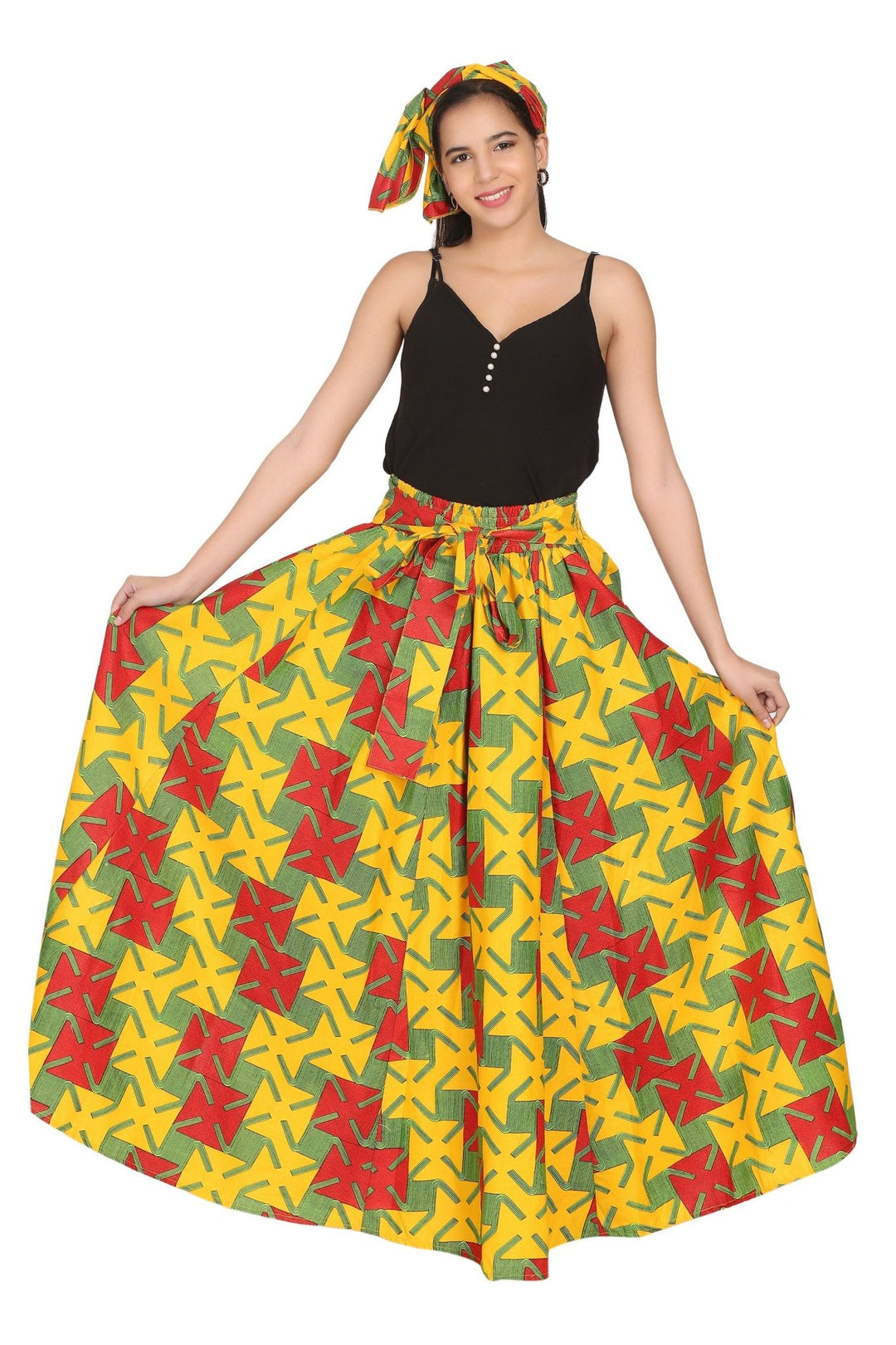 African Print Wax Print Skirt One Size Fits Most Headwrap Included Elastic Waist Pockets 16317-615 - Advance Apparels Inc