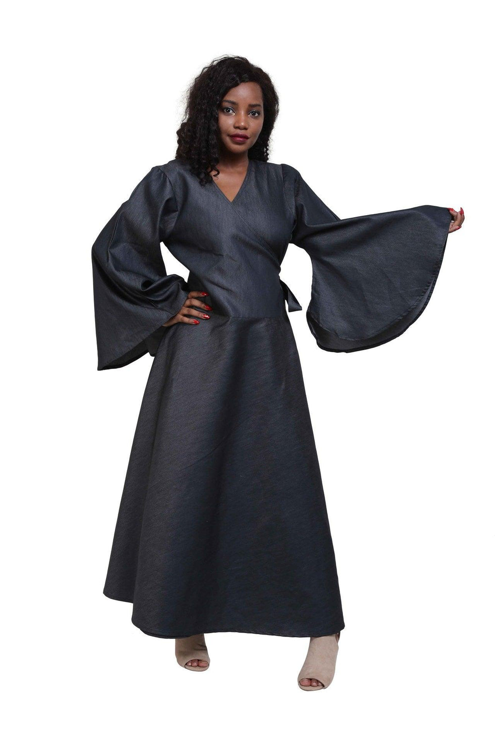 Ankara Denim Long Sleeve Wrap Dress 1816 - Advance Apparels Inc