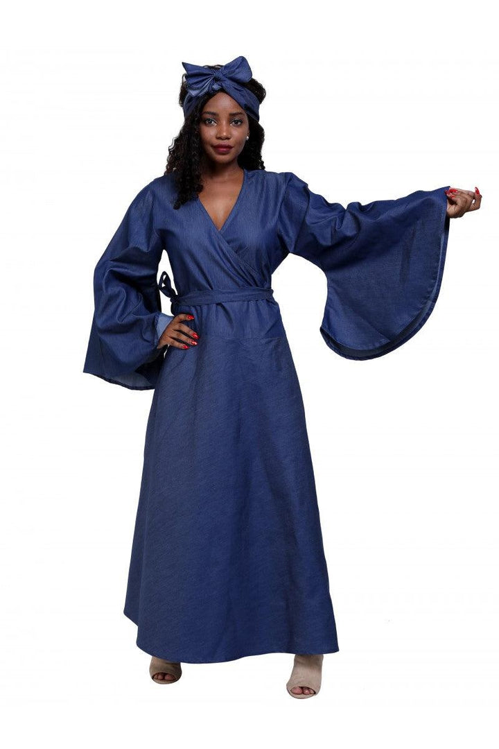 Ankara Denim Long Sleeve Wrap Dress 1816 - Advance Apparels Inc