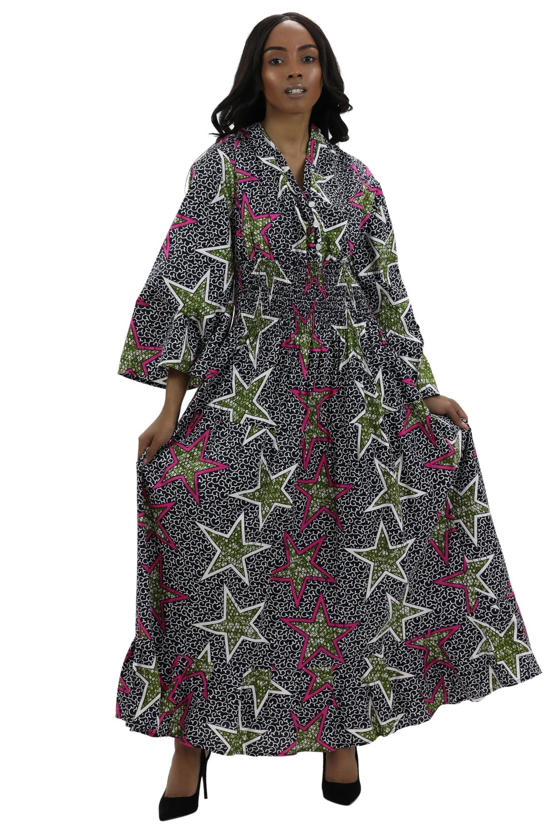 Bell Sleeves Long African Print Maxi Dress 2183 - Advance Apparels Inc