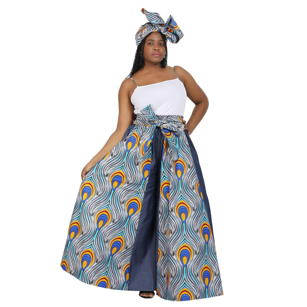 Denim + Ankara Panel Palazzo Pants 19065 - Advance Apparels Inc