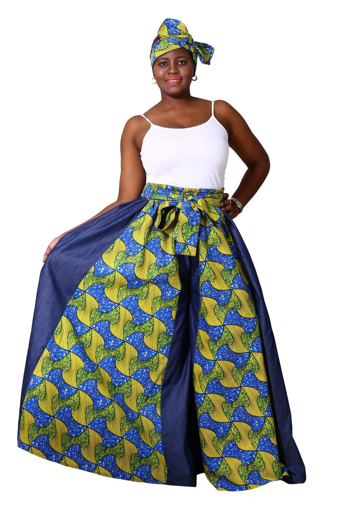 Denim + Ankara Panel Palazzo Pants 19065 - Advance Apparels Inc