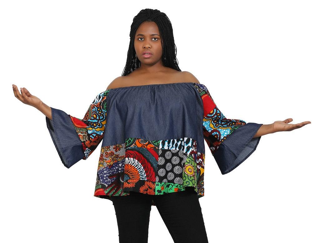 Denim/ Ankara Print Blouse 266 - Advance Apparels Inc