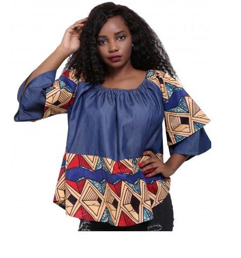 Denim/ Ankara Print Blouse 266 - Advance Apparels Inc