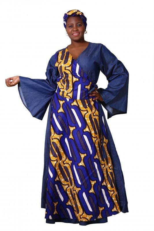 Denim + Ankara Print Wrap Dress 1916 - Advance Apparels Inc