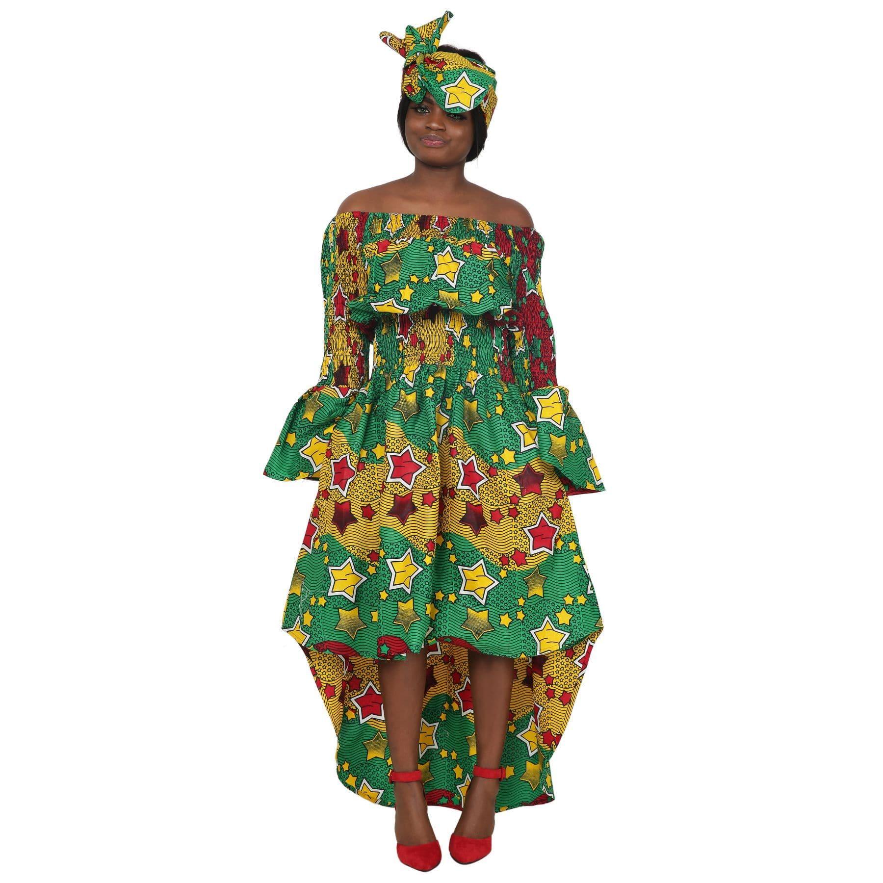 Hi-Lo African Print Off Shoulder Dress One Size Fits Most AD2282-98 - Advance Apparels Inc