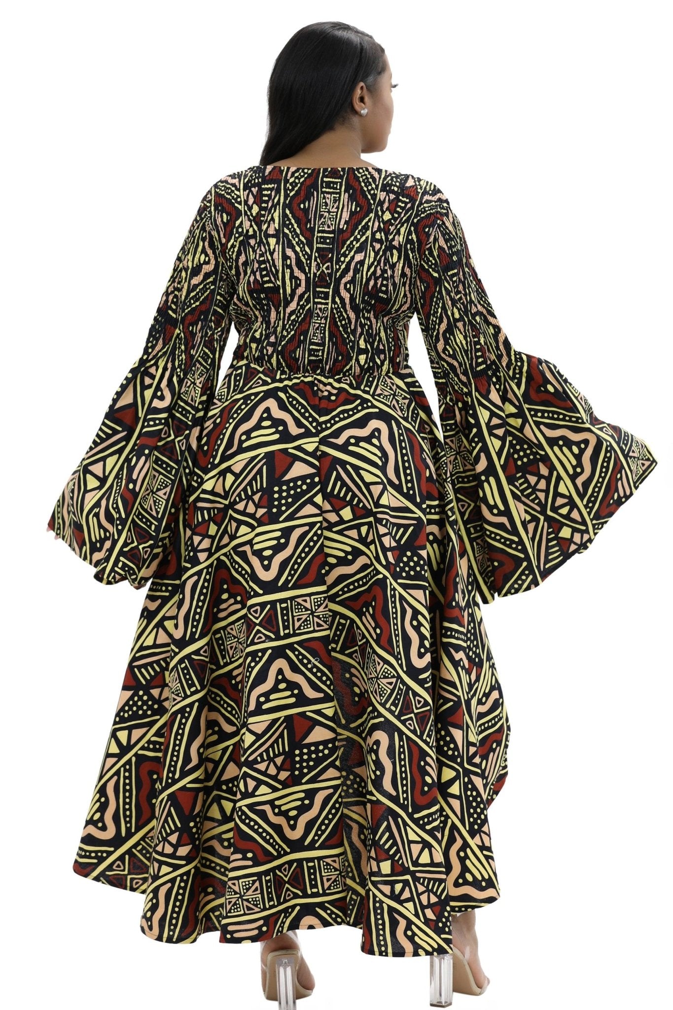 Hi-Lo Bell Sleeves African Print Dress 2215 - Advance Apparels Inc