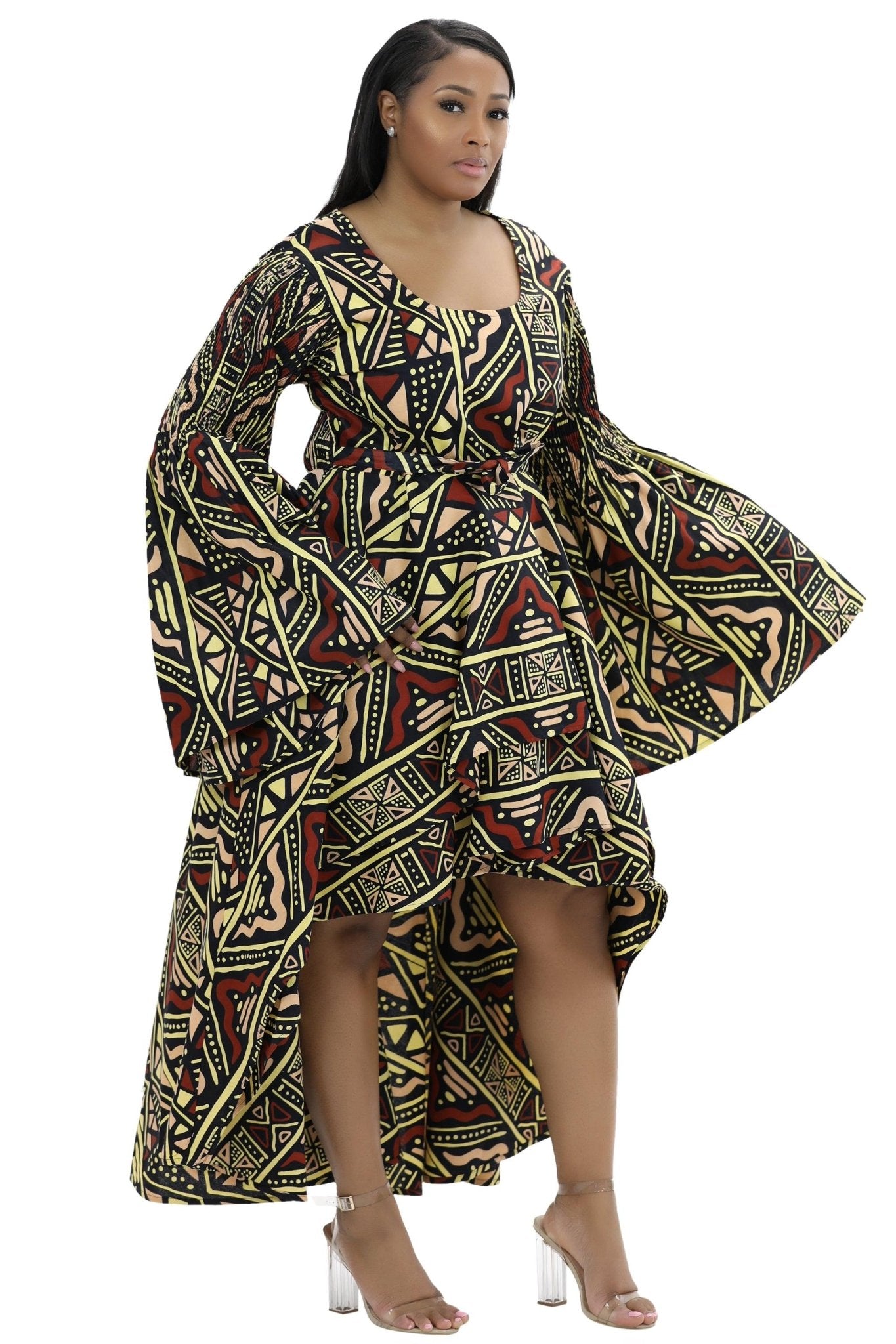 Hi-Lo Bell Sleeves African Print Dress 2215 - Advance Apparels Inc