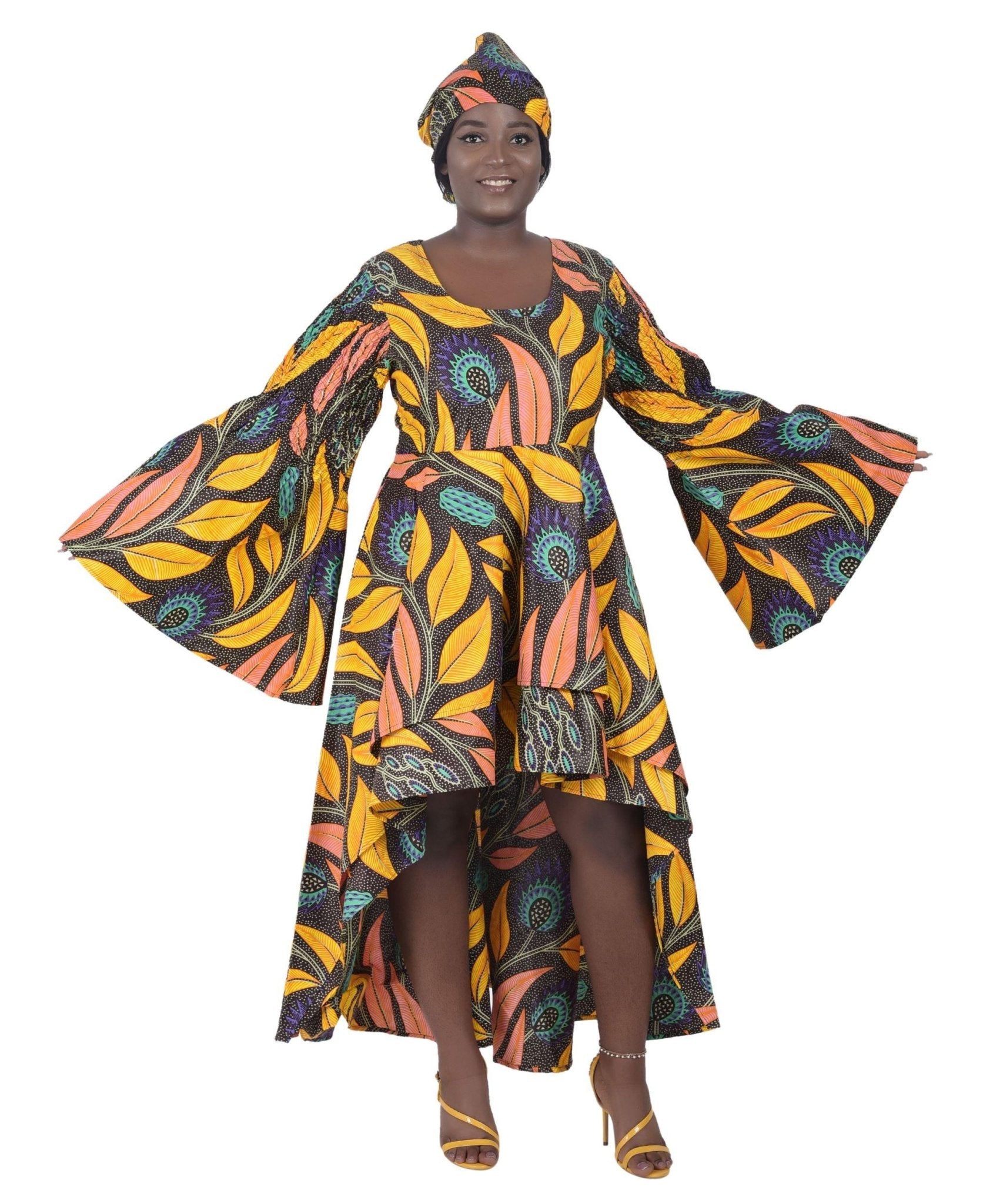 Hi-Lo Bell Sleeves African Print Dress 2215 - Advance Apparels Inc