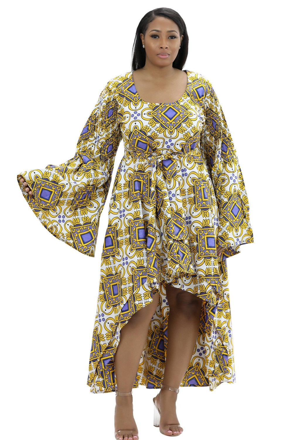 Hi-Lo Bell Sleeves African Print Dress 2215 - Advance Apparels Inc