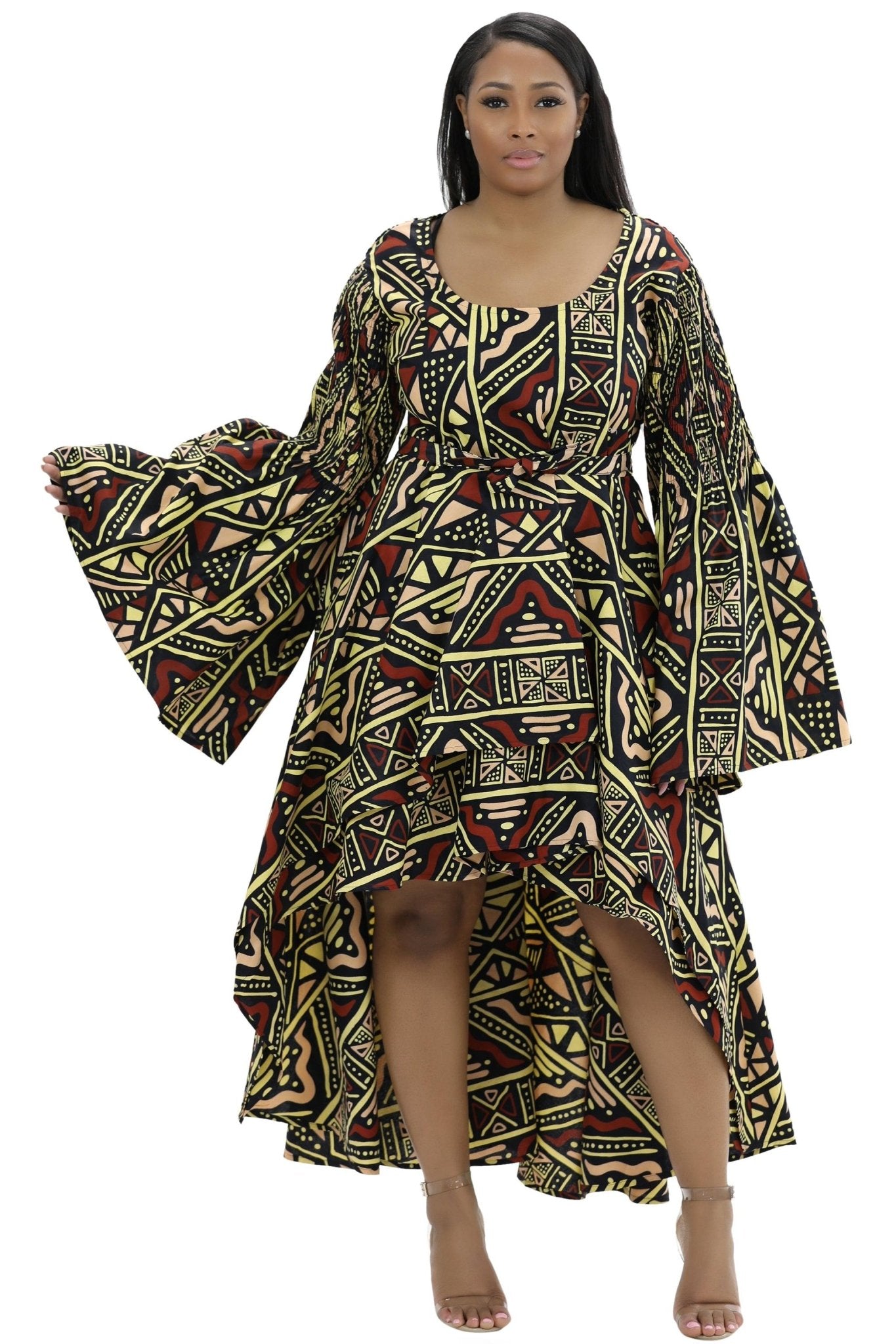 Hi-Lo Bell Sleeves African Print Dress 2215 - Advance Apparels Inc