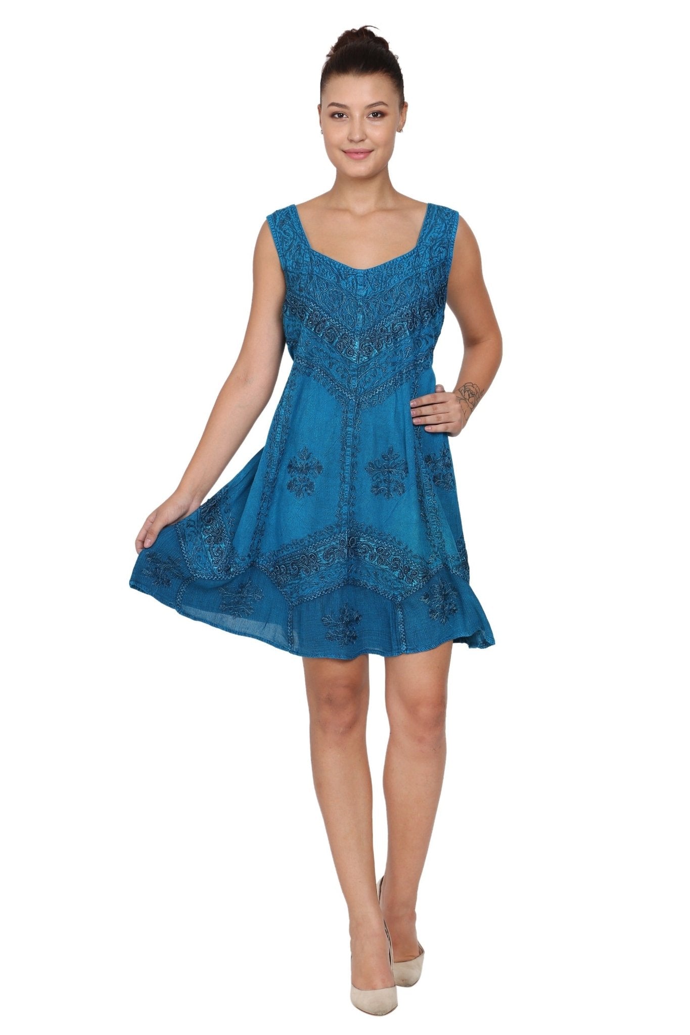 Mid-Length Sleeveless Embroidered Acid Wash Dress - Advance Apparels Inc