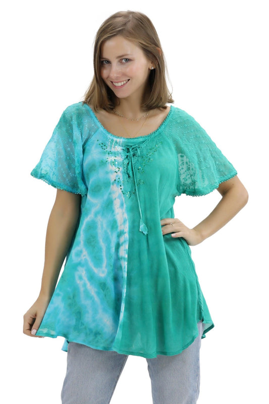 Ocean Tide Tie-Dye Cap Sleeve Blouse 18718 - Advance Apparels Inc