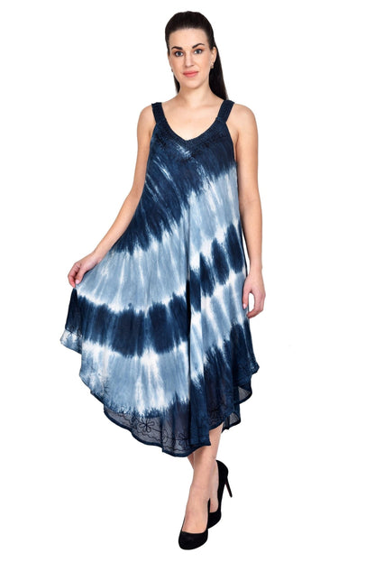 Ocean Waves V-Neck Sleeveless Tie Dye Umbrella Dress - Advance Apparels Inc