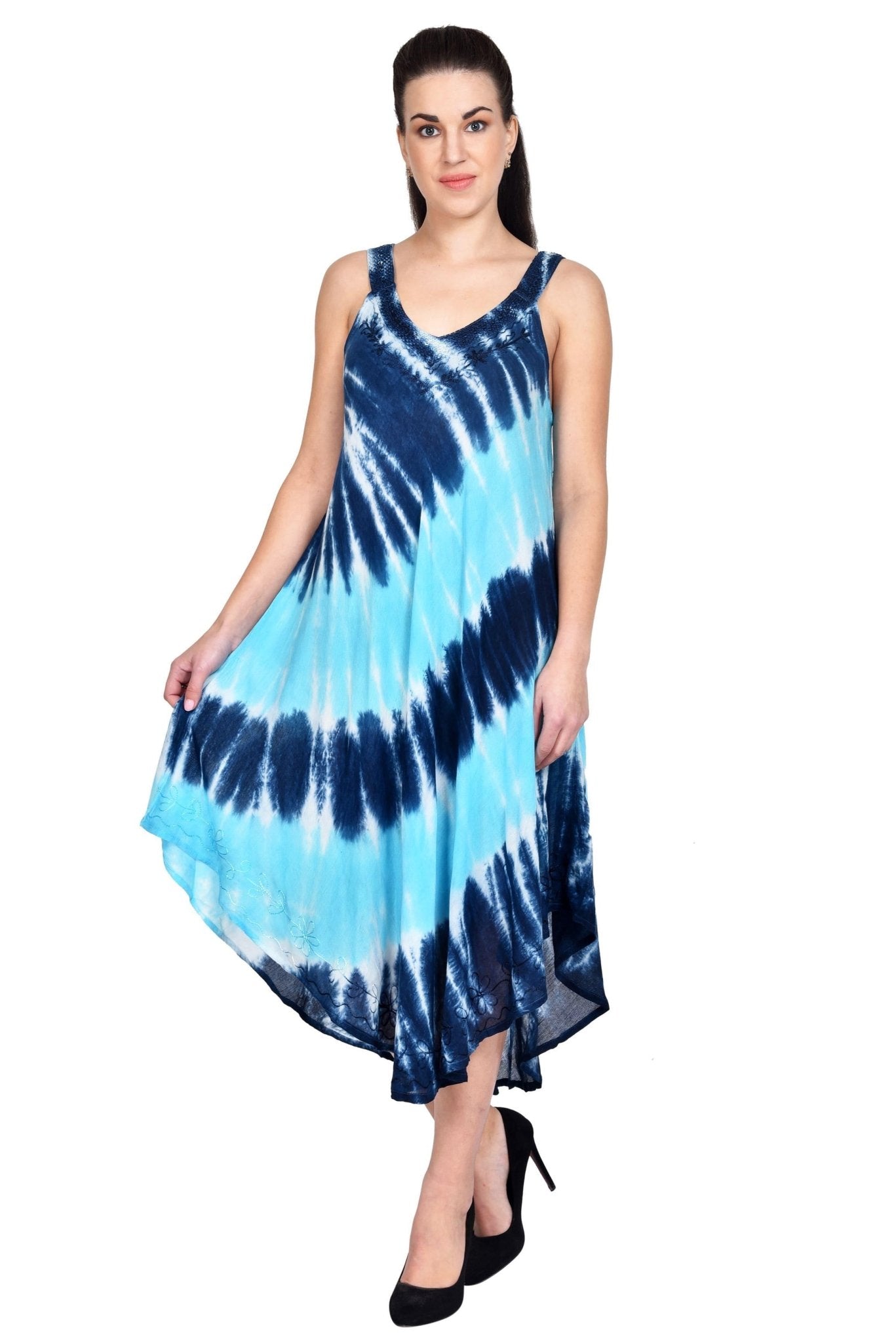 Ocean Waves V-Neck Sleeveless Tie Dye Umbrella Dress - Advance Apparels Inc