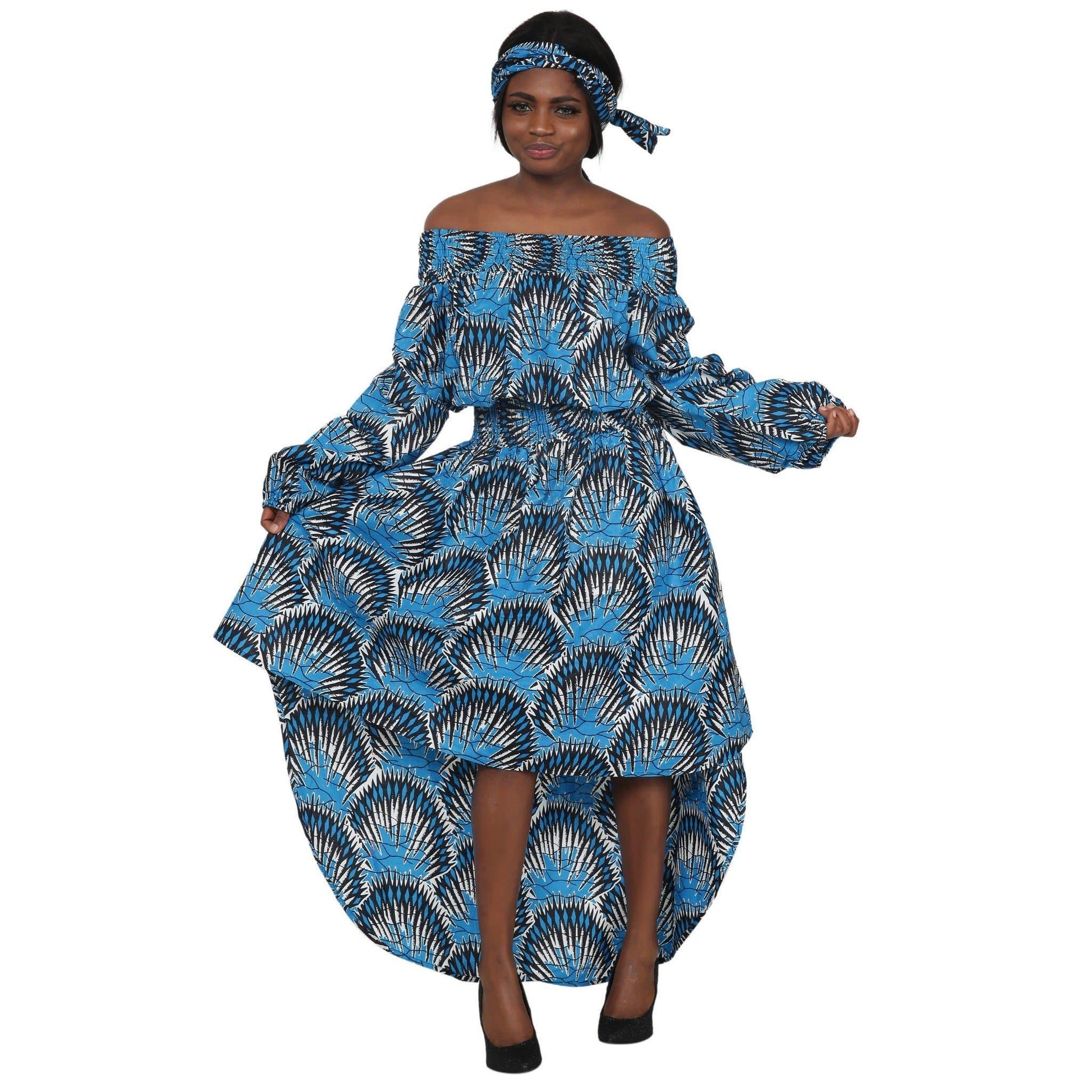 Off Shoulder Hi Lo African Print Long Sleeve Dress 2279-80 - Advance Apparels Inc