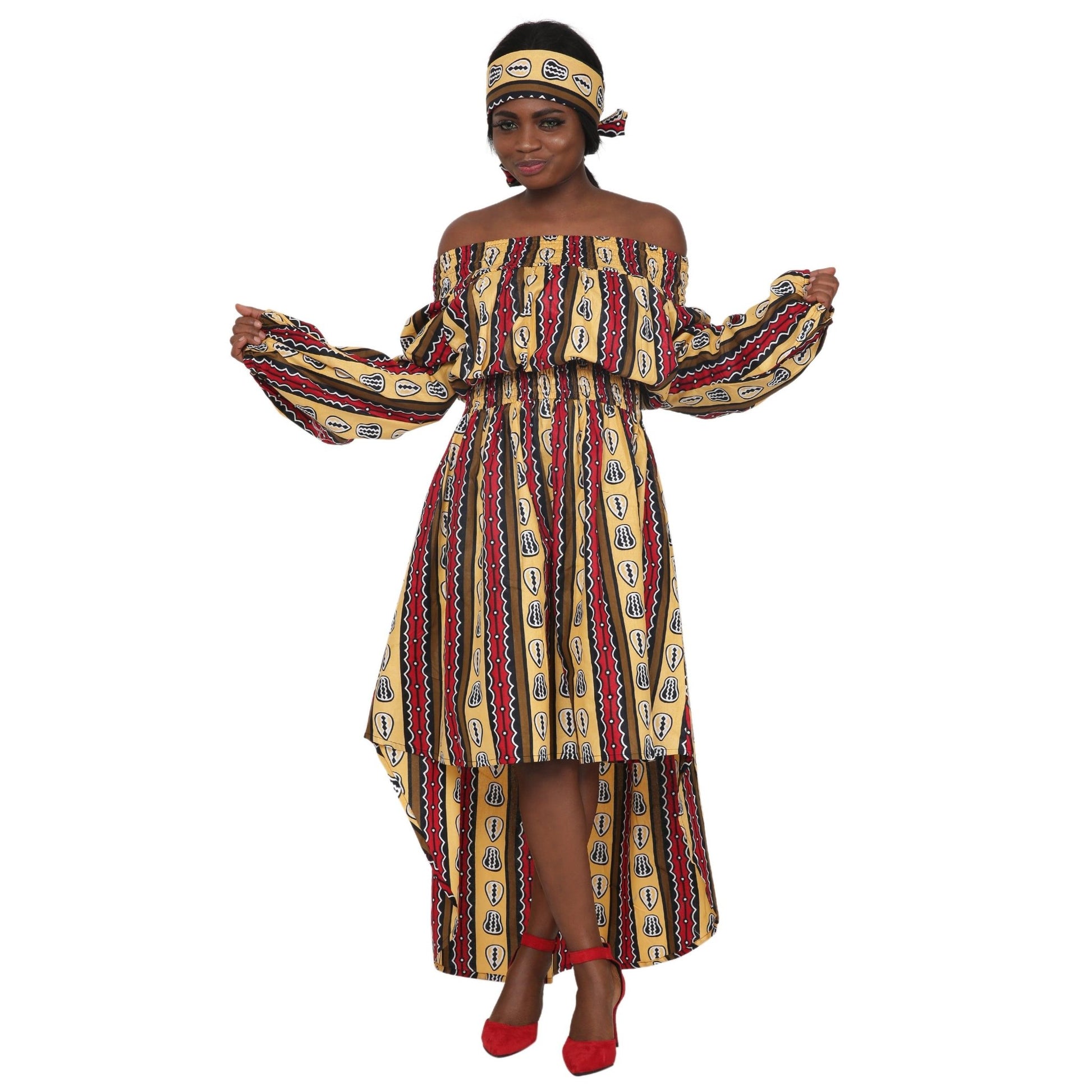 Off Shoulder Hi Lo African Print Long Sleeves Dress 2279-90 - Advance Apparels Inc