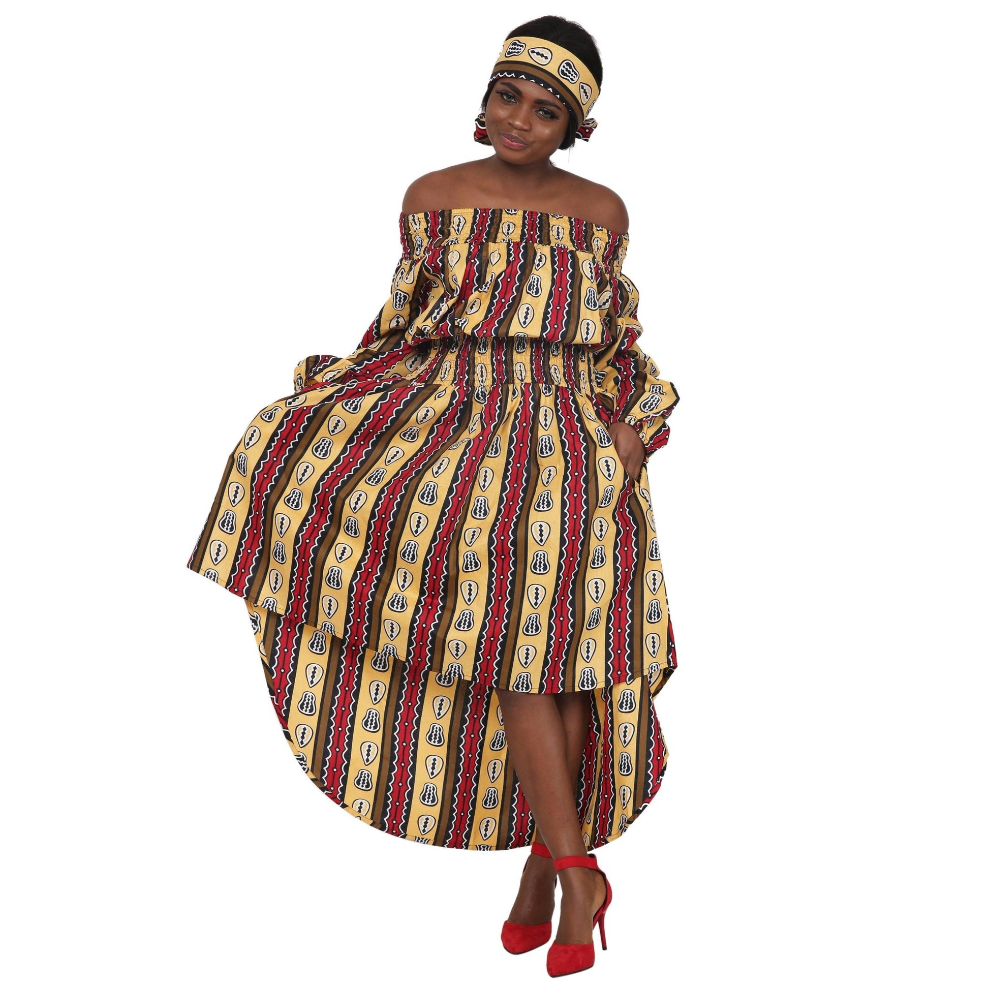 Off Shoulder Hi Lo African Print Long Sleeves Dress 2279-90 - Advance Apparels Inc