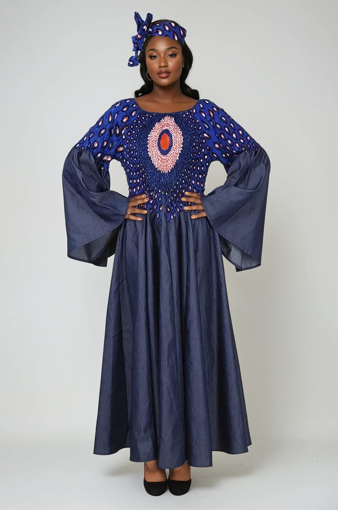 On/Off Shoulder Ankara / Denim Print Maxi Dress 2249