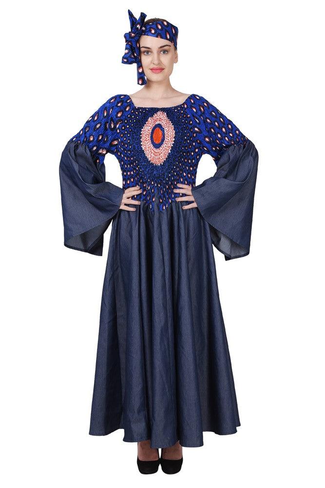 On/Off Shoulder Ankara / Denim Print Maxi Dress 2249 - Advance Apparels Inc