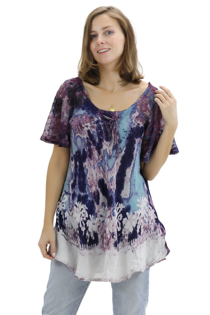 Palm Tree Tie-Dye Blouse Cap Sleeve 17776 - Advance Apparels Inc