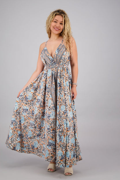 Pastel Floral Print Silk Maxi Dress AB16073 - Advance Apparels Inc