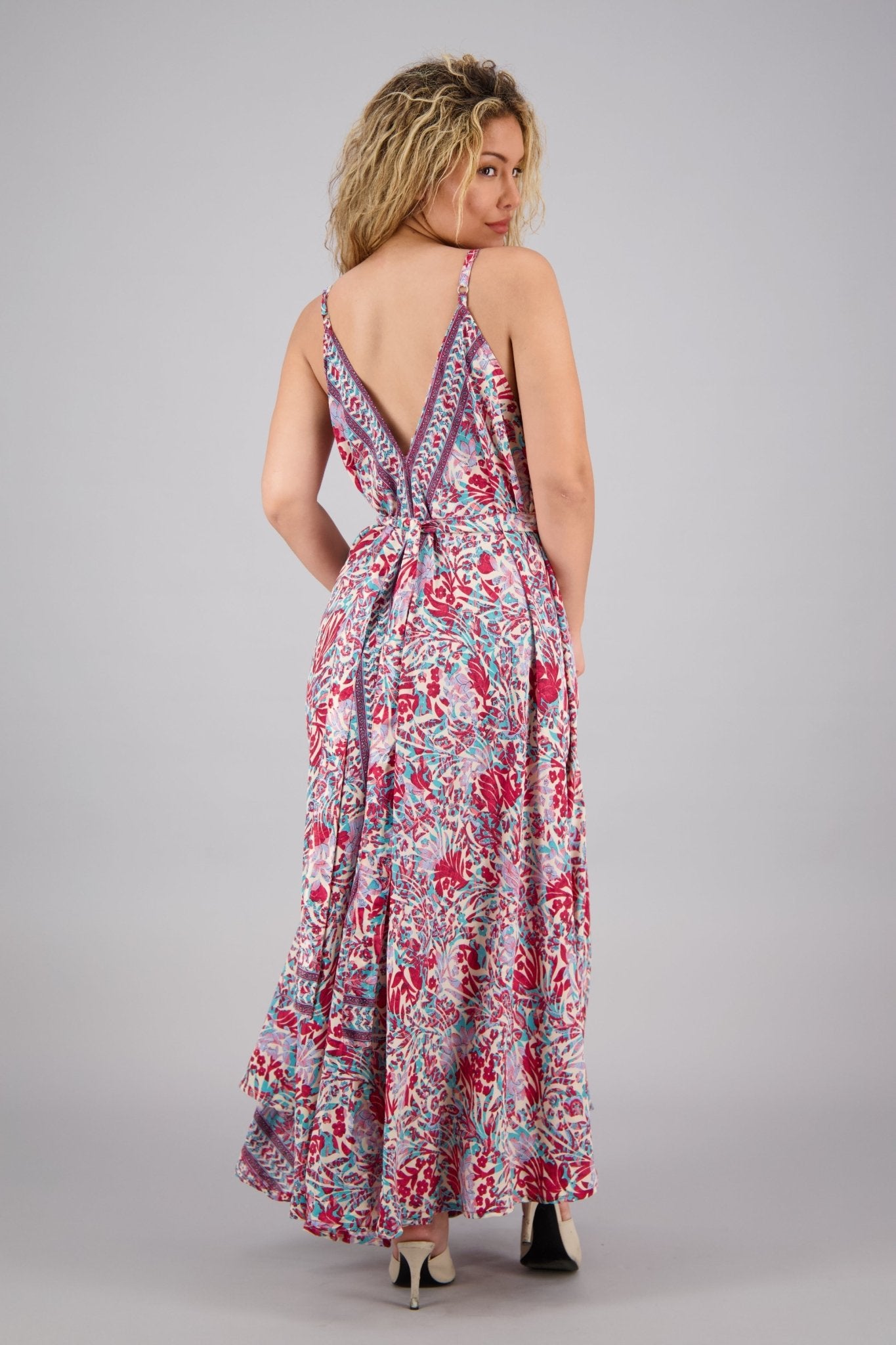 Pastel Floral Print Silk Maxi Dress AB16073 - Advance Apparels Inc