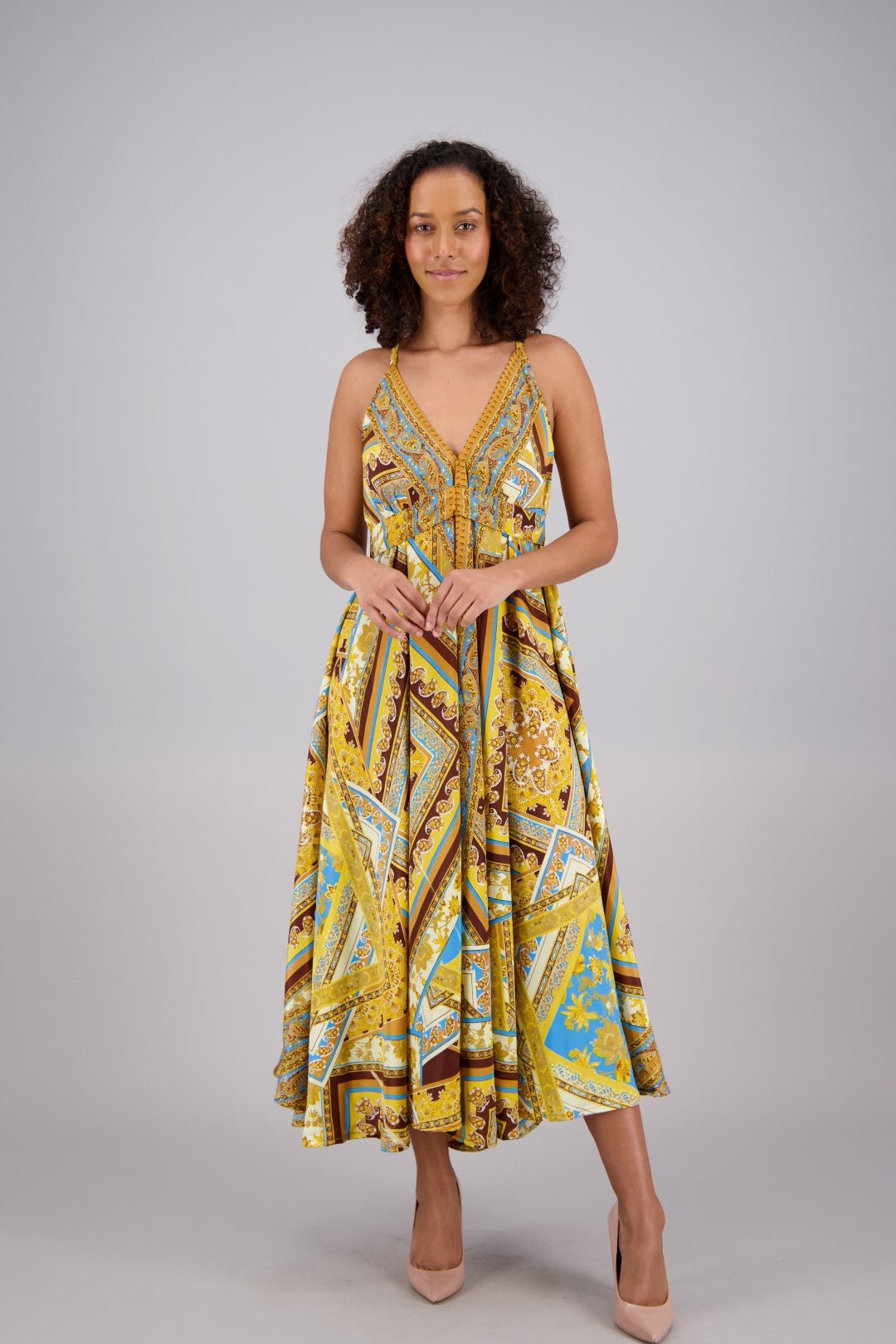 Printed Silk Maxi Dress AB16066 - Advance Apparels Inc