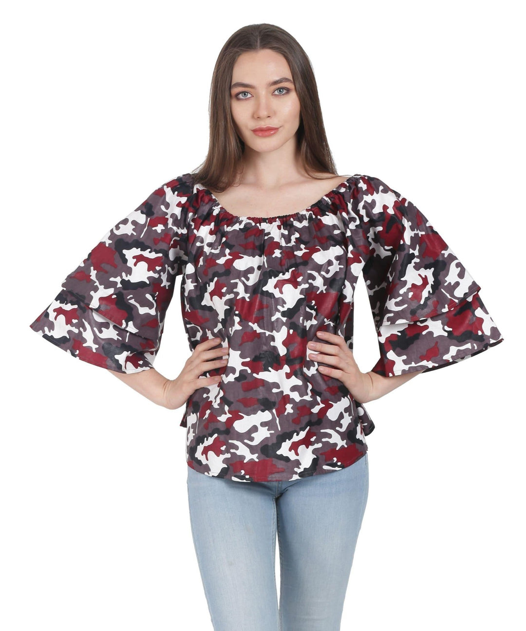 Red Camouflage Print On/Off Shoulder Blouse 166-99 - Advance Apparels Inc