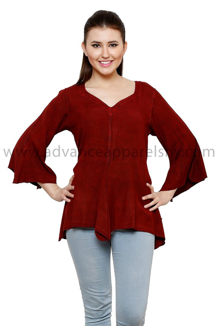 Renaissance Acid Wash Blouse 3/4 Sleeve Embroidered 1661 (S/M-1X/2X) - Advance Apparels Inc