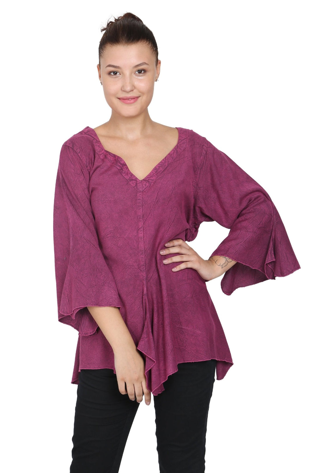 Renaissance Acid Wash Blouse 3/4 Sleeve Embroidered 1661 (S/M-1X/2X) - Advance Apparels Inc