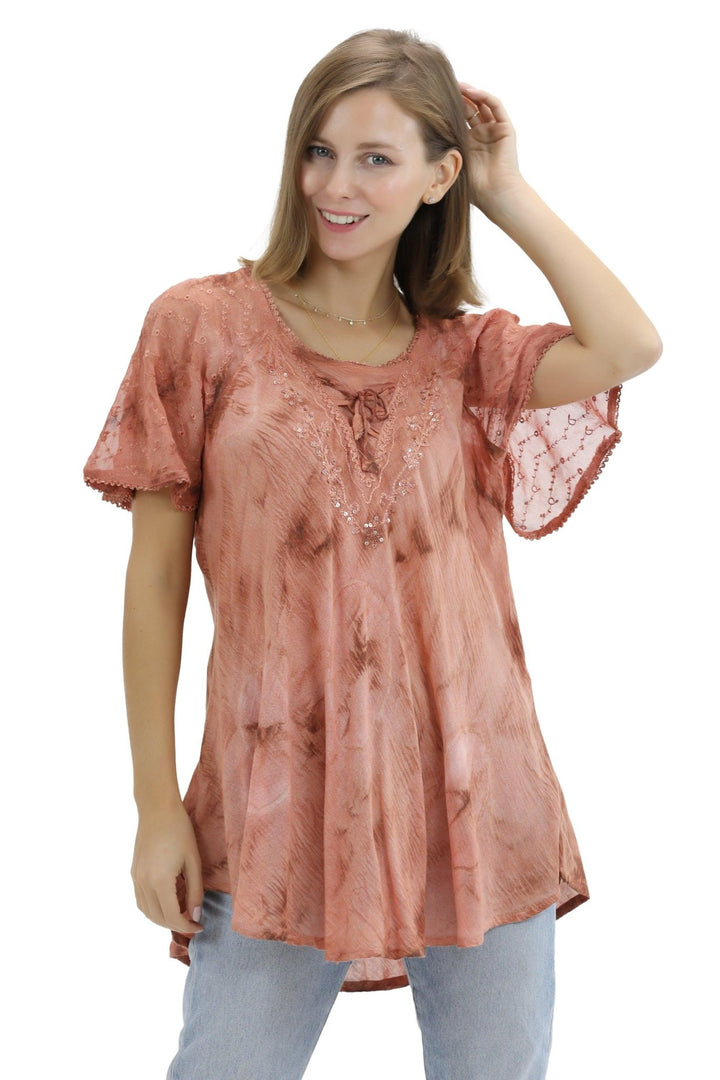 Retro Tie Dye Cap Sleeve Blouse 16483 - Advance Apparels Inc