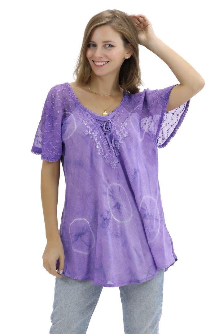 Retro Tie Dye Cap Sleeve Blouse 16483 - Advance Apparels Inc