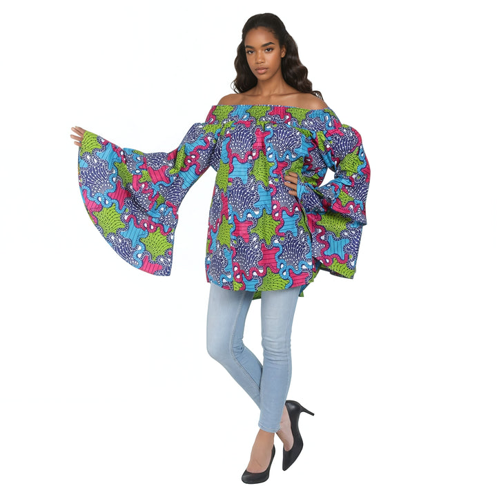 Ruffle Bell Sleeve Ankara Print Blouse 2268