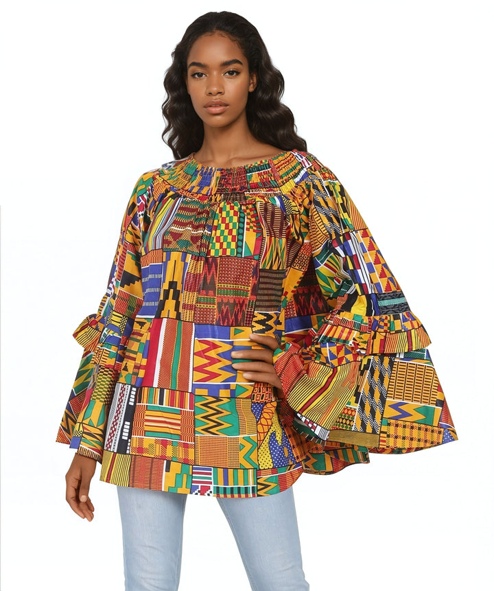 Ruffle Bell Sleeve Ankara Print Blouse 2268