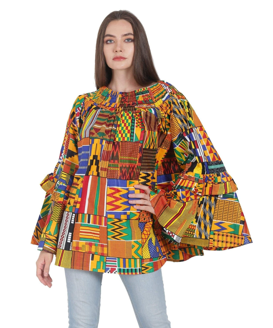 Ruffle Bell Sleeve Ankara Print Blouse 2268 - Advance Apparels Inc