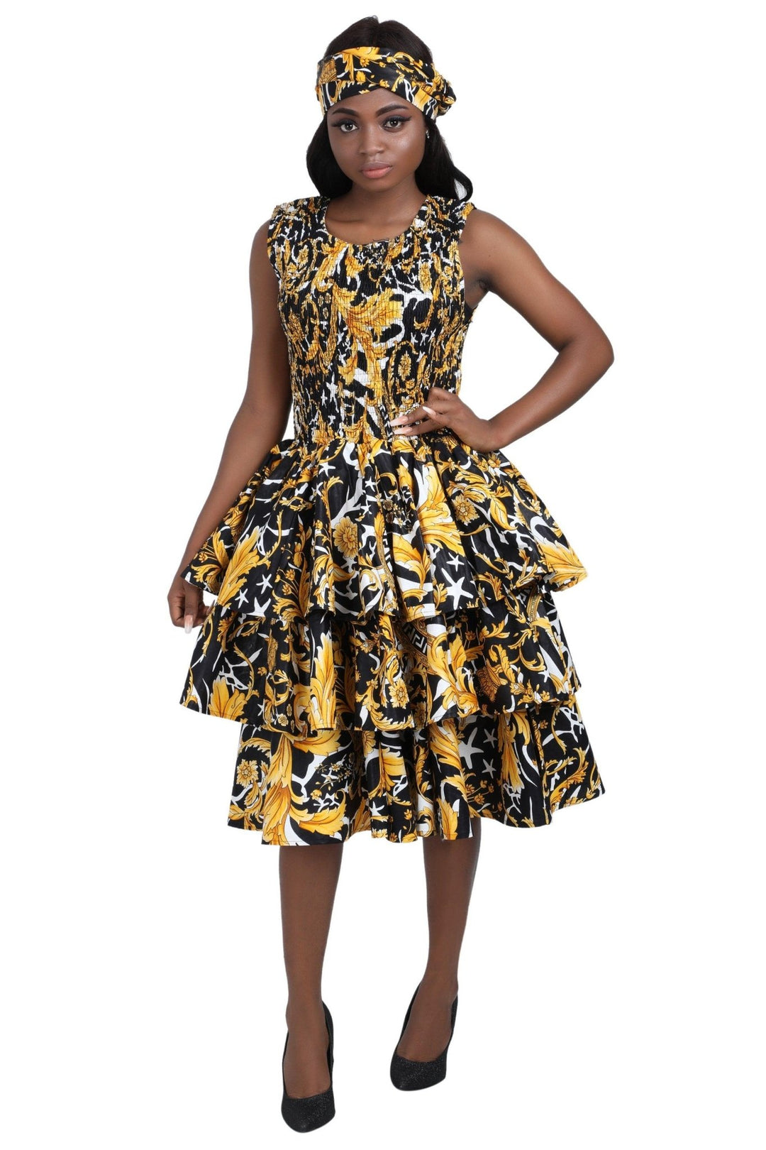 Ruffled Ankara Print Sleeveless Dress w/ Layers 2276 - Advance Apparels Inc