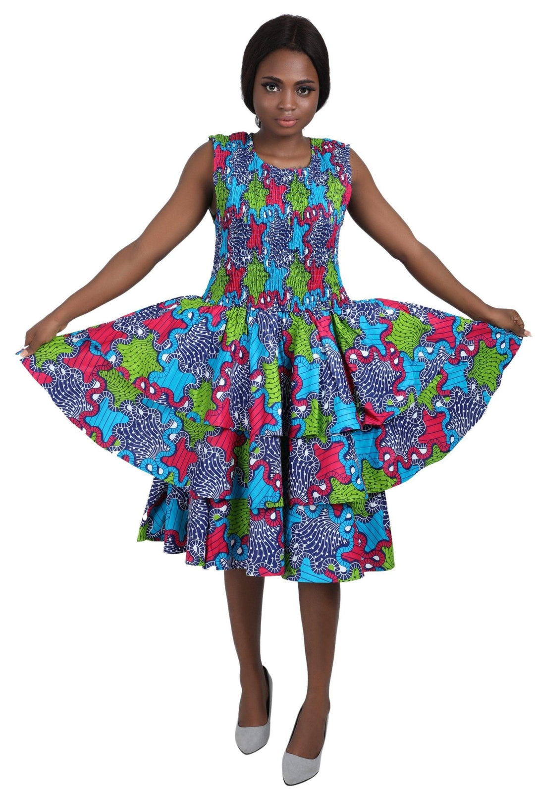 Ruffled Ankara Print Sleeveless Dress w/ Layers 2276 - Advance Apparels Inc