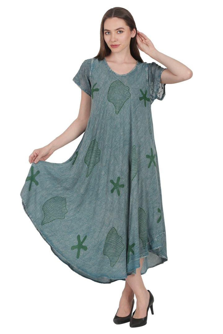 Seashells & Starfish Block Print Trapeze Dress UDS52-2437 - Advance Apparels Inc