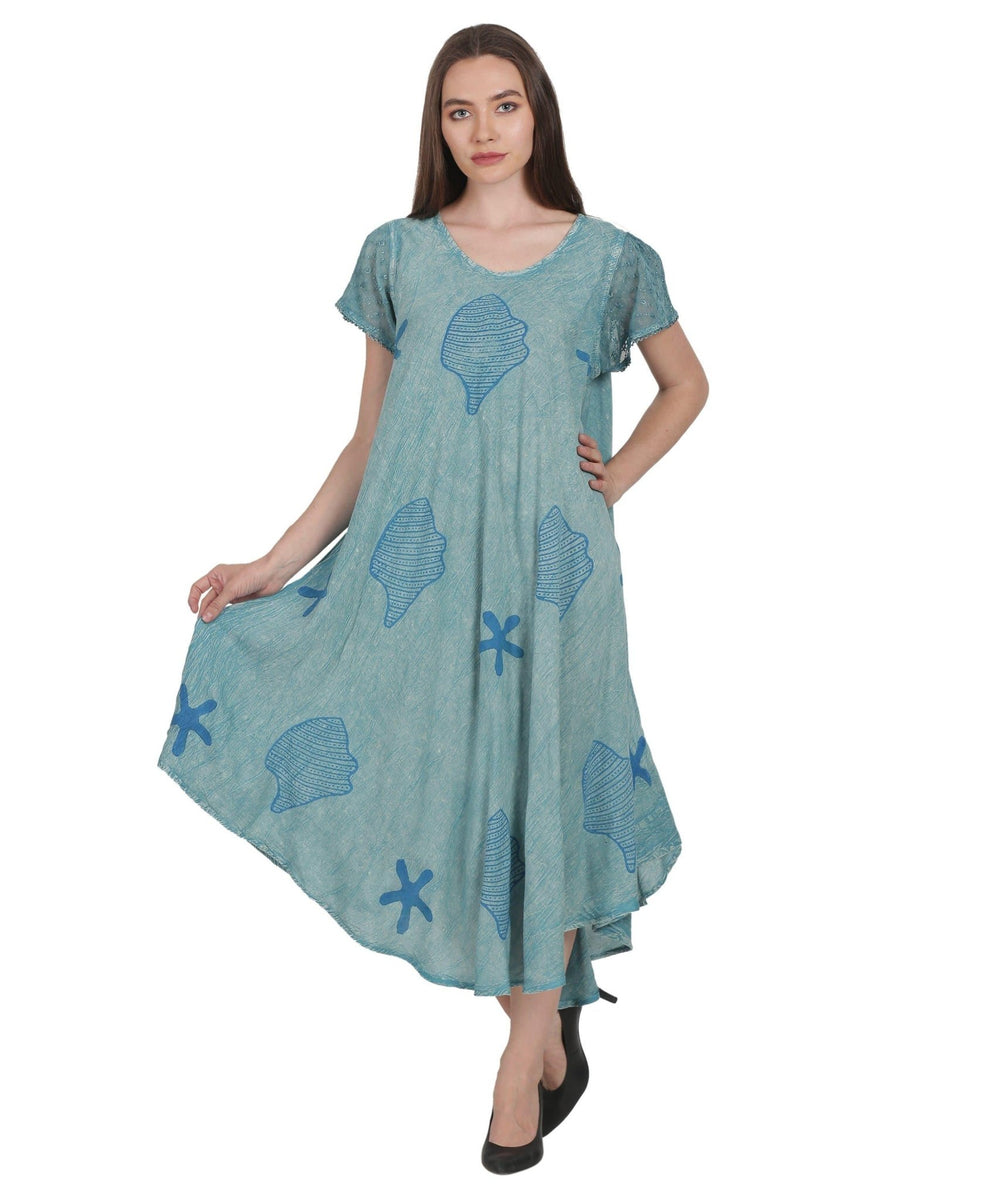 Seashells & Starfish Block Print Trapeze Dress UDS52-2437 - Advance Apparels Inc