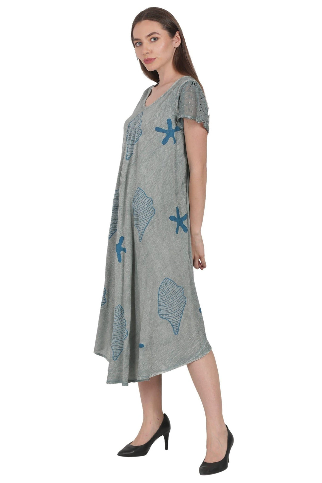 Seashells & Starfish Block Print Trapeze Dress UDS52-2437 - Advance Apparels Inc