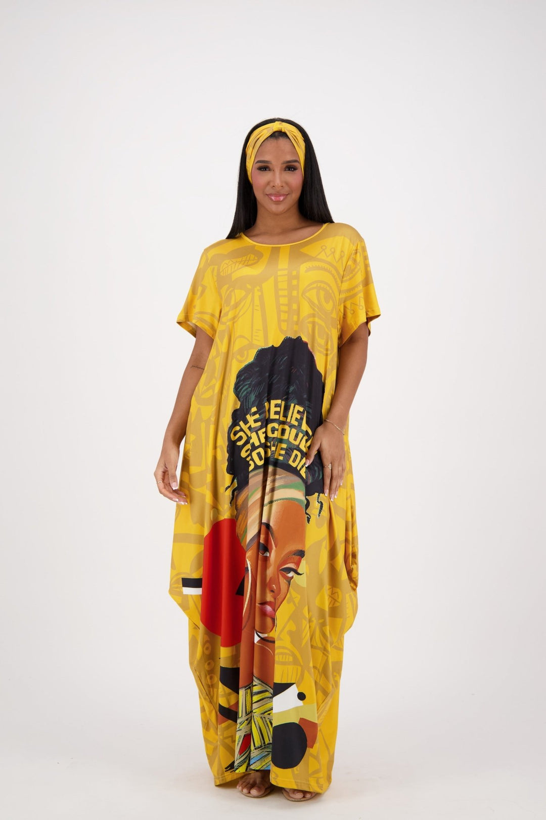 "She Believed" Gold Print Kaftan CH8858 - Advance Apparels Inc