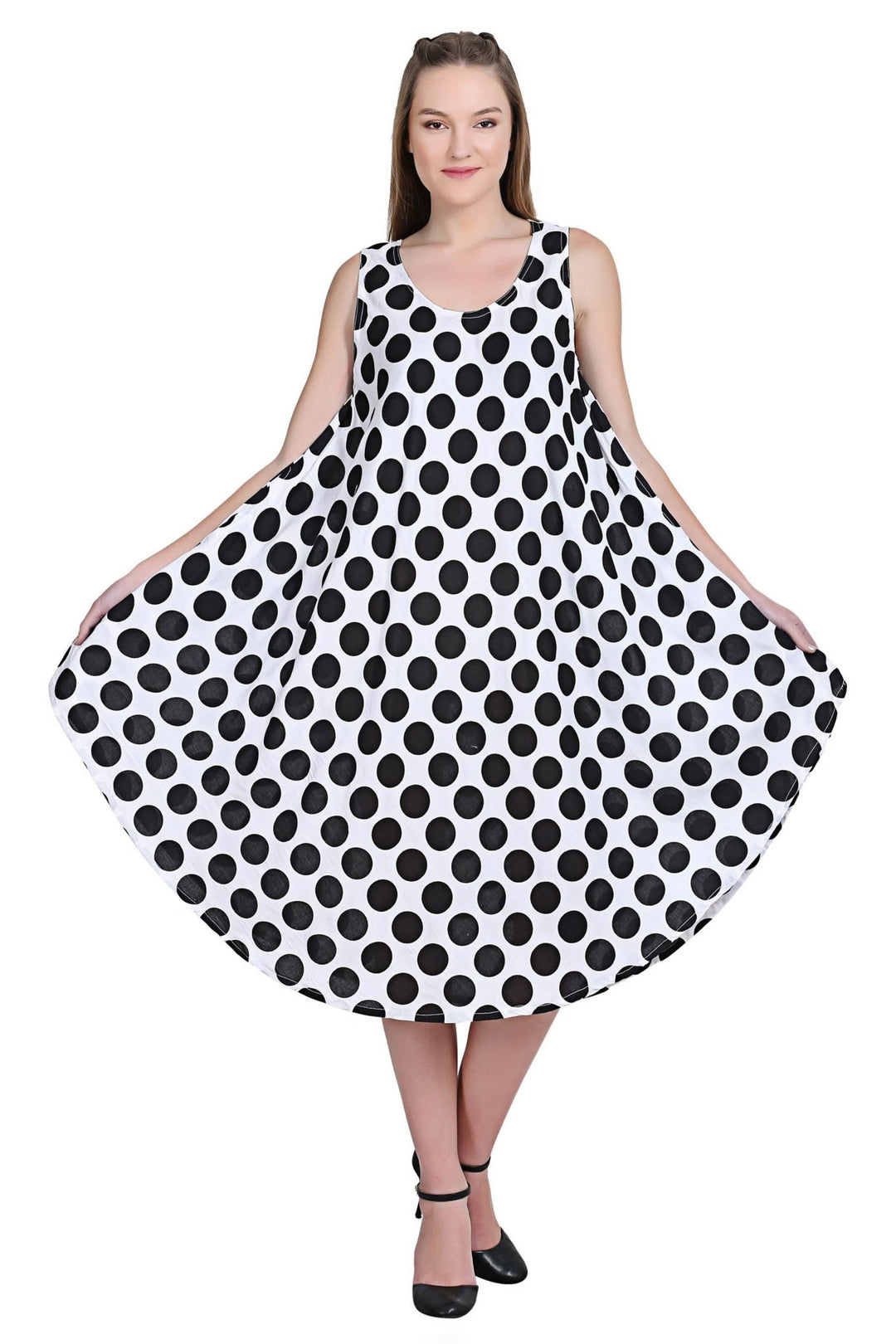 Sleeveless Wide Strap Polka Dot Umbrella Dress - Advance Apparels Inc