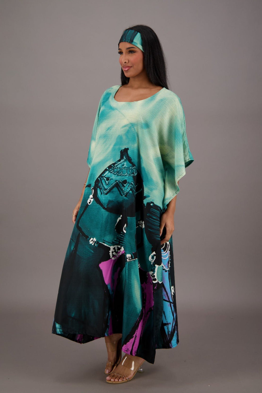 Teal Blue Water Color Inspired Kaftan KAF-42208 - Advance Apparels Inc