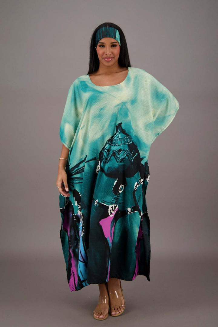 Teal Blue Water Color Inspired Kaftan KAF-42208 - Advance Apparels Inc