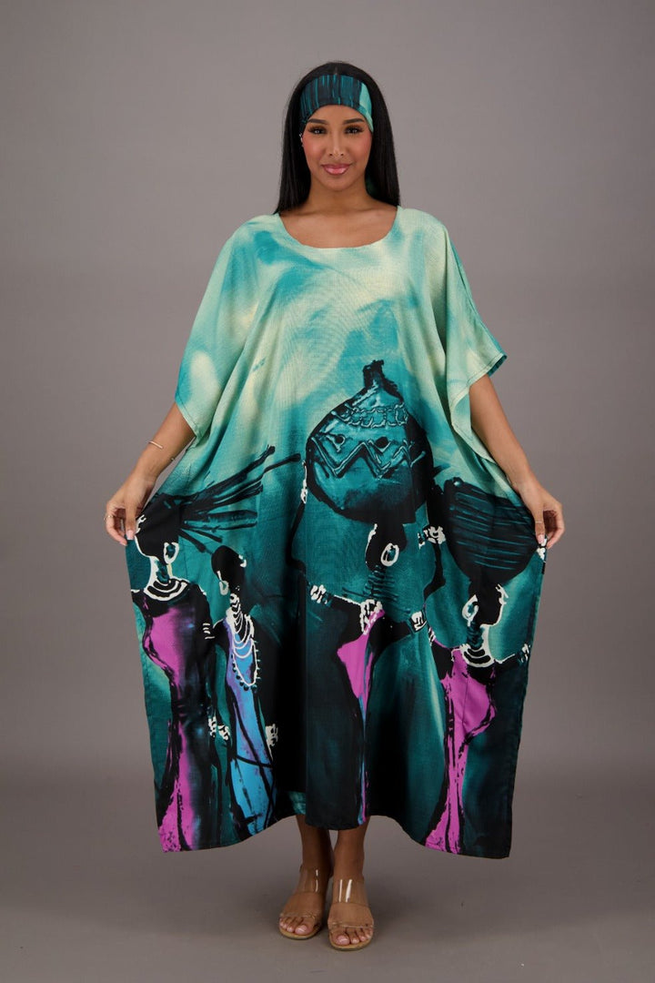 Teal Blue Water Color Inspired Kaftan KAF-42208 - Advance Apparels Inc