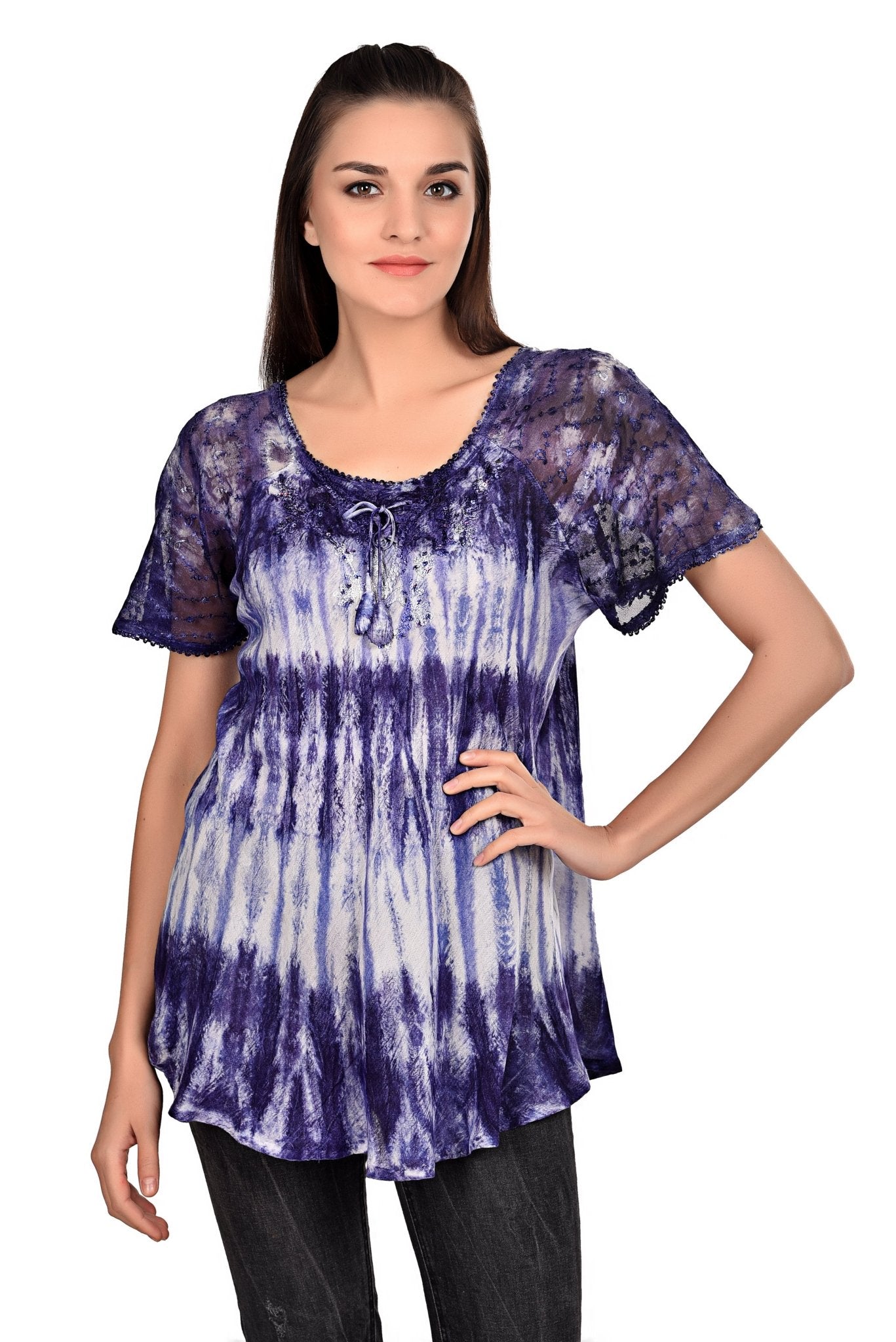 Waterfall Tie Dye Cap Sleeve Blouse 19214 - Advance Apparels Inc