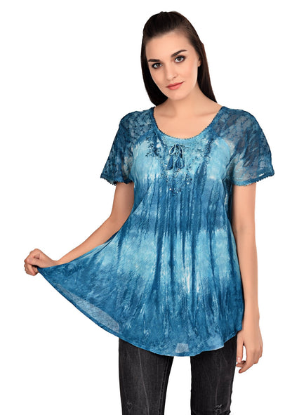 Waterfall Tie Dye Cap Sleeve Blouse 19214 - Advance Apparels Inc